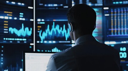 Poster - A man is sitting in front of a computer monitor with a headset on