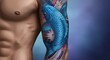 © Putri Lestari - Man with Blue Koi Fish Tattoo Design on Arm Illustration