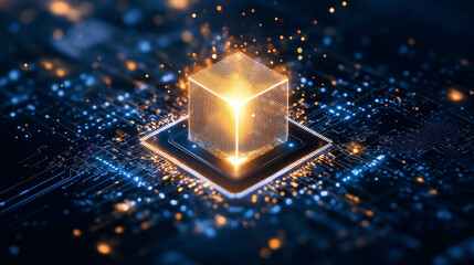 Canvas Print - digital quantum cube: a glowing, golden cube hovering above a complex, intricately patterned circuit