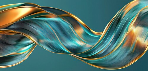 Wall Mural - elegant flowing ribbon-like lines in teal and gold gradient, creating a dynamic abstract look