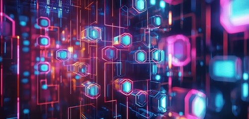 Wall Mural - glowing hexagonal patterns illuminate against a dark backdrop, adding a futuristic touch to digital 