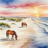 A tranquil watercolor illustration of Assateague Island, Maryland, featuring wild ponies grazing along the sandy dunes