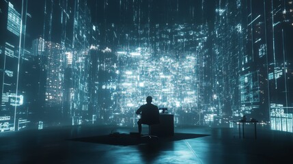A developer working on AI powered blockchain consensus protocols, futuristic tech facility with real-time network validation simulations, High-tech style