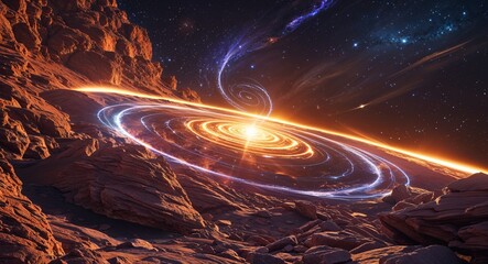 Wall Mural - solar wind elemental spiraling over rocky terrain background
