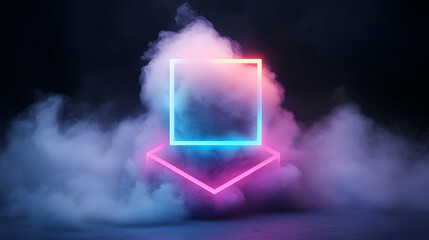 Wall Mural - neon pink and blue square download arrow in smoky cloud background