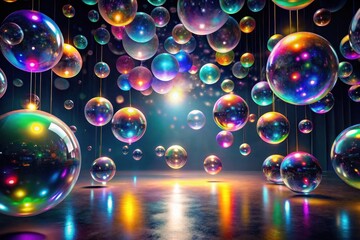 Wall Mural - enchanted iridescent spheres suspended from unseen strings illuminate a dark reflective floor with t