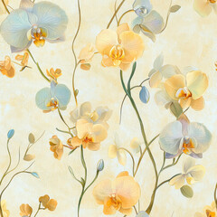 Wall Mural - Delicate orchid blossoms in soft yellow and blue tones on textured background