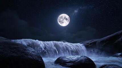Wall Mural - A glowing waterfall flowing from floating rocks, full moon above casting silver light, stars swirling in the sky