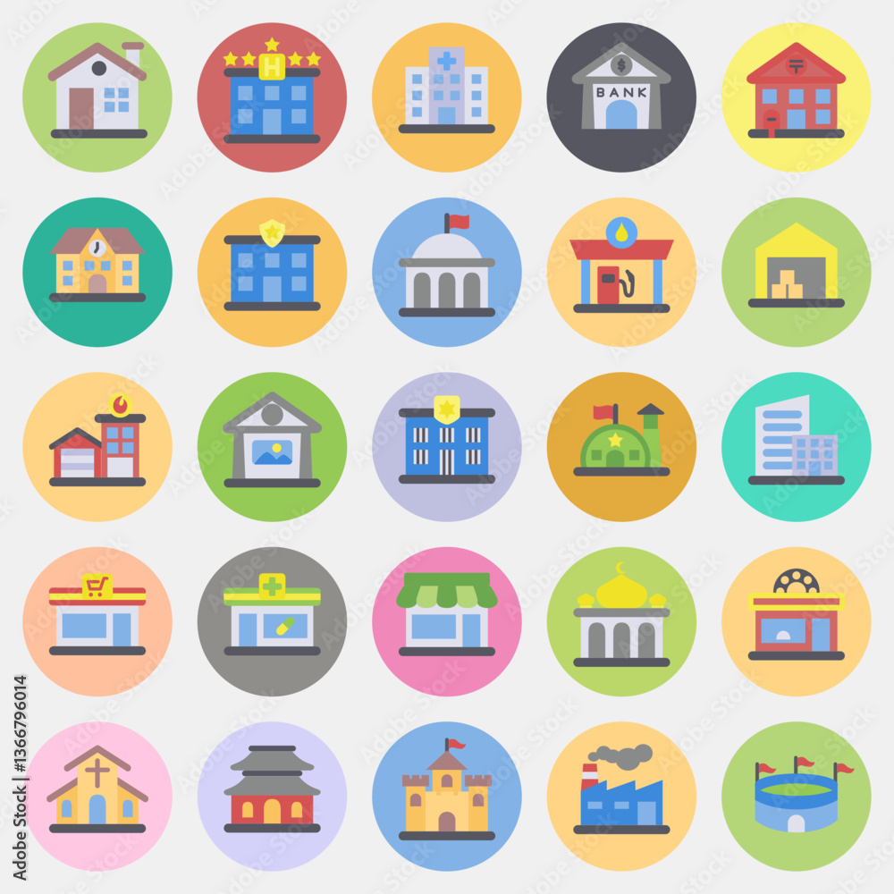 Icon set of building. Building elements. Icons in color mate style ...