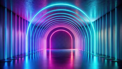 Wall Mural - abstract futuristic neon archway corridor with vibrant glowing lights and reflective floor