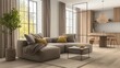 © yang - Modern minimalist living room with neutral tones, textured fabrics and sculptural decorative elements. A cozy interior design concept that creates a spacious and airy feeling.