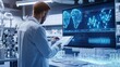 © aubriella - A scientist designing AI powered personalized medicine, futuristic pharmaceutical research lab with genetic analysis interfaces and smart drug synthesis machines, High-tech style