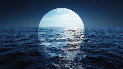 Aufkleber - Ocean view through a circular frame, showing a calm sea under a partly cloudy sky.
