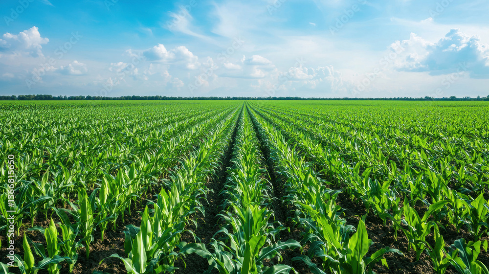 vast smart farm with rows of vibrant green crops under bright blue sky showcases modern agriculture