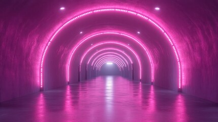 Poster - Pink neon lights illuminate a long, reflective tunnel with arched ceilings.