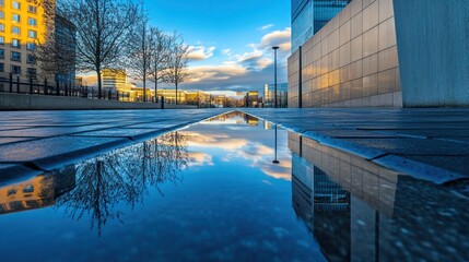 Poster - Puddle reflecting cityscape at sunset; modern buildings, trees, and sky mirrored in water.