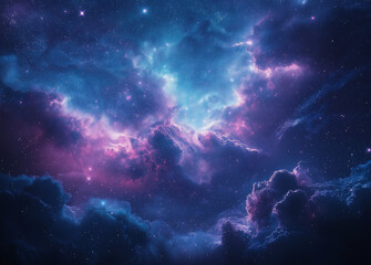 realistic starry sky with galaxies and nebulae in blue and purple tones