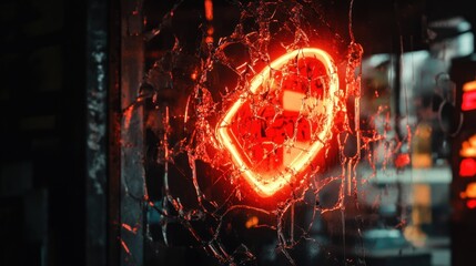 Fototapete - Red neon sign through shattered glass at night.