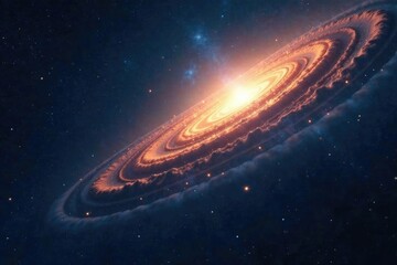 Wall Mural - vast expanse of dark blue space with swirling orange and yellow gas clouds and twinkling stars, astr