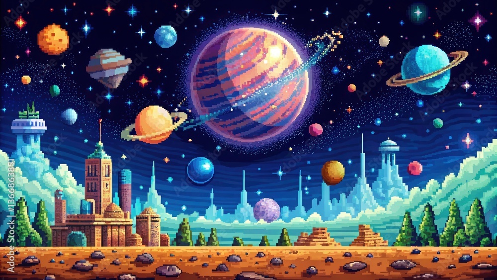 8-Bit Retro Futuristic Galaxy Exploration: Pixel Art Solar System ...