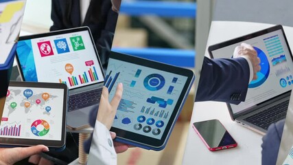 Aufkleber - Collage video showing various digital device usage scenes, transition from white background