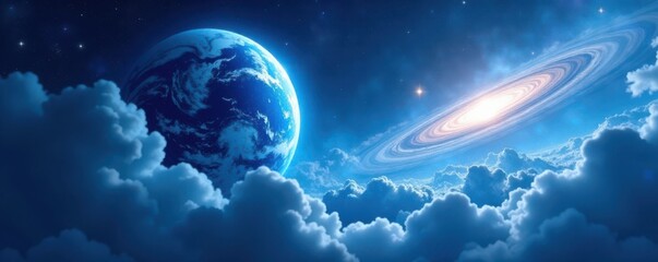 ethereal blue planet with swirling clouds and stars in the background, glowing, abstract