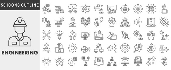 engineering icon set collection. Covers software engineer, data engineer, cloud engineer, cyber security, petroleum engineer, plan. Simple vector outline illustration.