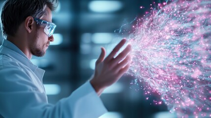 Wall Mural - Plasma Scientist analyzing plasma energy waves on a digital interface in a modern research facility.