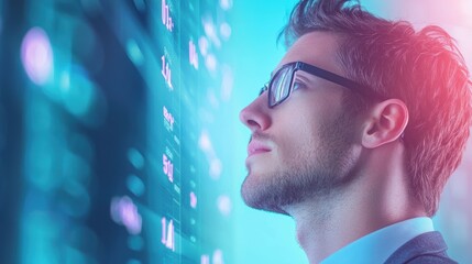 Wall Mural - analyzing business analyst studying financial charts on a large digital screen.