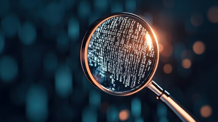 Analyzing A magnifying glass hovering over complex binary code on a virtual screen.