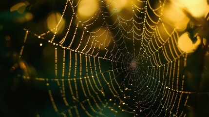 Close Up of Spiderweb with Water Droplets at Golden Hour in Nature