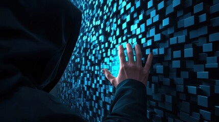 Wall Mural - firewall hacker attempting to breach a firewall with encrypted data defenses.