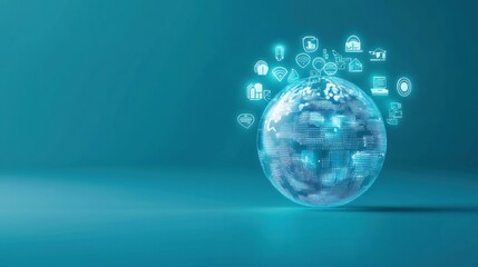 Wall Mural - Globe Earth with futuristic technology icons hovering around, symbolizing innovation.