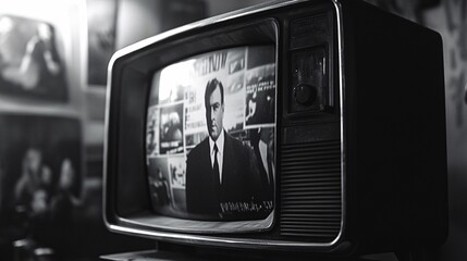 Vintage TV news broadcast, man in suit, room background, historical media