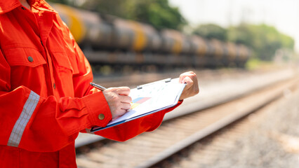 Wall Mural - action of an engineer is checking on the chemical hazard material form with background of crude oil 