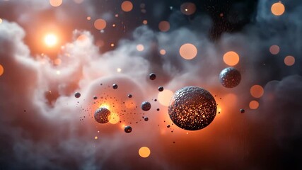 Wall Mural - Abstract Cosmic Landscape Featuring Floating Spheres Glowing Particles and Nebula Clouds Against Dark Backdrop