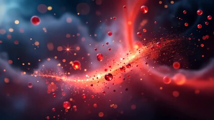 Wall Mural - Abstract Red Light Swirl with Glowing Orbs and Particles on a Dark Cloudy Background