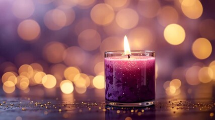 Wall Mural - burning purple candle in glass with gold glitter and a bokeh background creates a warm and peaceful 