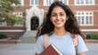 © UniqGraphicX - Young Indian Female Student Holding Books at College Campus. Education and Learning Concept