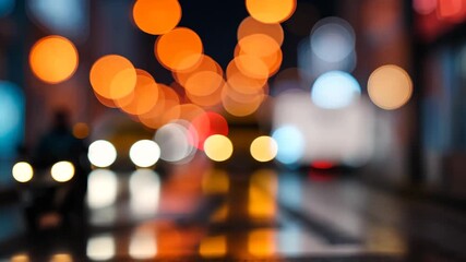Wall Mural - defocused cityscape at night with bokeh orbs and glistening pavement orange yellow and white lights 