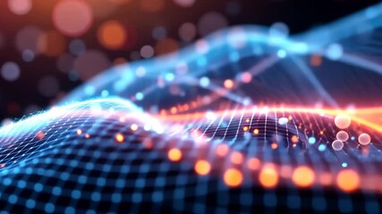 Wall Mural - Dynamic Undulating Waves of Blue and Orange Glowing Particles on a Blurred Background