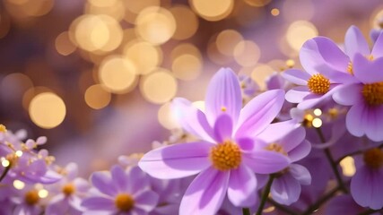 Wall Mural - lush purple flowers with golden bokeh background creating a dreamlike and festive ambiance