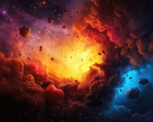 Wall Mural - a vibrant cosmic scene depicting colorful gases, asteroids, and intense celestial light in a mesmeri