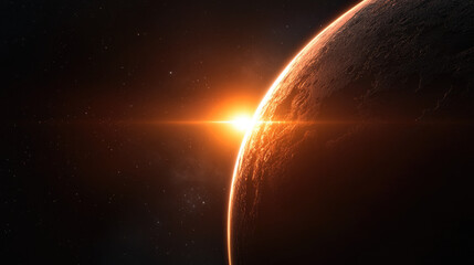 Wall Mural - a stunning view of a planet's horizon with a bright sunrise illuminating space, surrounded by stars 