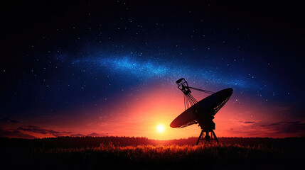 Wall Mural - a silhouette of a satellite dish against a vibrant sunset, with stars and a galaxy visible in the ni