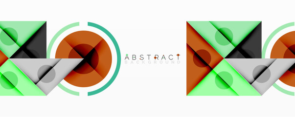 Poster - Abstract geometric composition with intersecting triangles, circles, and gradients, creating a dynamic layered pattern with depth and contrast