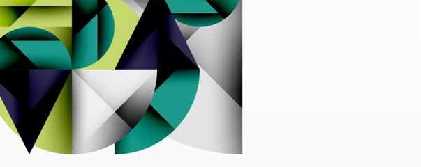 Wall Mural - Abstract geometric artwork with overlapping circles and gradients, circle square triangle shapes background featuring sharp angular cuts, smooth shading, and structured layered composition