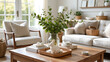 © Element Motion Video - A bright and inviting spring living room interior featuring a wooden coffee table adorned with a glass vase filled with fresh green leaves and a small white bunny figurine as an Easter centerpiece