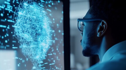 A developer testing a machine learning model, modern office background with computers and coding software, AI-tech style