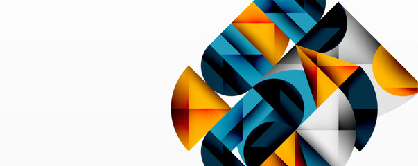 Wall Mural - Abstract geometric artwork with overlapping circles and gradients, circle square triangle shapes background featuring sharp angular cuts, smooth shading, and structured layered composition